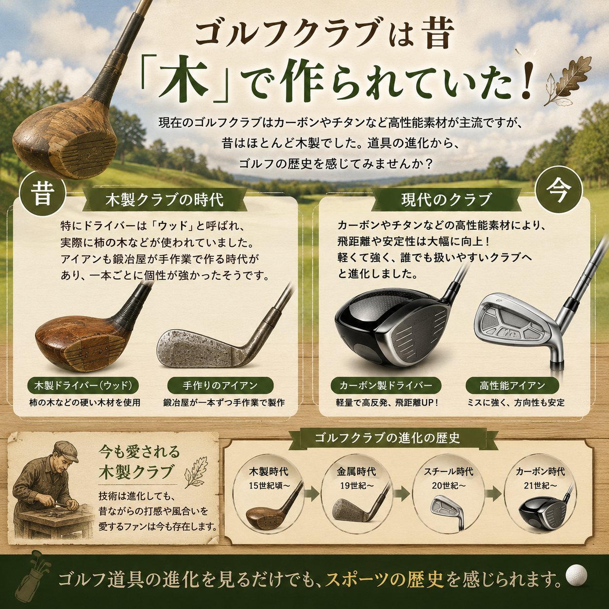 ゴルフの雑学や面白い話】 その6 ゴルフクラブは昔「木」で作られてい 